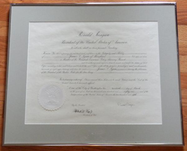 Very Rare President Reagan Signed Presidential Appointment Framed